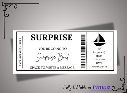 Surprise Boat  Gift Ticket - Birthday Boarding Pass Train Gift Voucher Card Certificate - Printable Birthday Gift Template, Instant Download