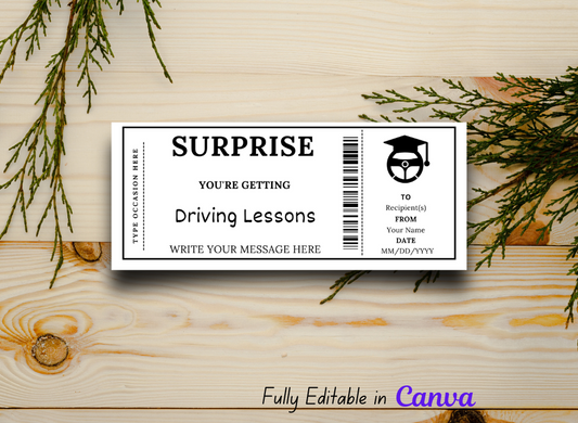 Surprise Driving Lessons Gift Certificate - Editable Car Coupon Template - Instant Download, Learn to Drive Printable Voucher