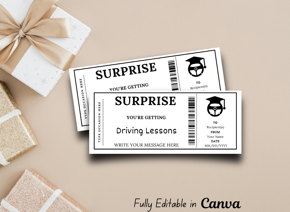 Surprise Driving Lessons Gift Certificate - Editable Car Coupon Template - Instant Download, Learn to Drive Printable Voucher