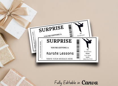 Surprise  Karate Lessons Ticket - Editable Gift Voucher Template, Printable Camp Certificate, Instant Download