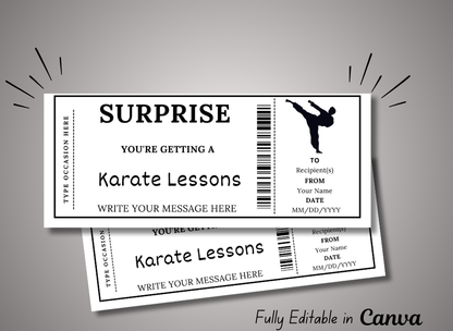 Surprise  Karate Lessons Ticket - Editable Gift Voucher Template, Printable Camp Certificate, Instant Download