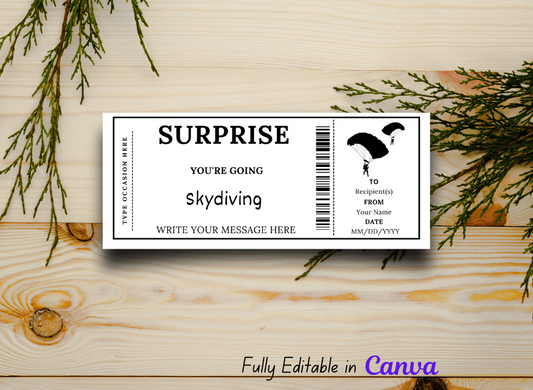 Skydiving Gift Voucher - Editable Ticket Template, Instant Download, Printable Sky Dive Certificate for Any Occasion