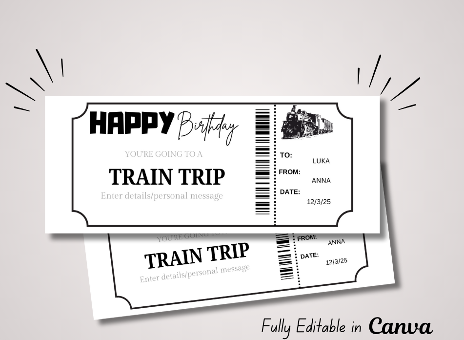 TRAIN TRIP Gift Voucher Ticket | Birthday Template Certificate Ticket |INSTANT DOWNLOAD - EDITABLE Text - Printable - Wesecurelife