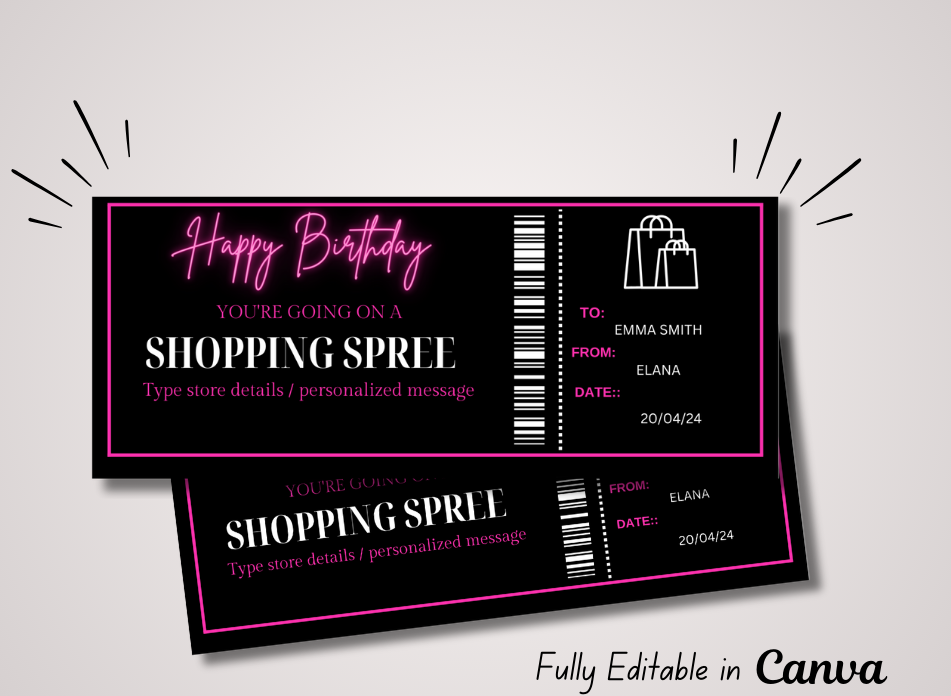 Birthday Shopping Spree Coupon Voucher - INSTANT DOWNLOAD - EDITABLE Text - Printable, Personalized, Ticket,Gift, Certificate, Anniversary - Wesecurelife