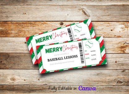 MERRY Christmas Baseball Lessons Gift Ticket - Printable Birthday Boarding Pass & Train Gift Voucher Template, Instant Download Certificate