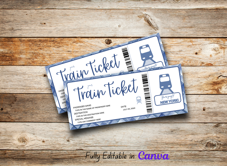 DIY Editable Train Ticket - Surprise Boarding Pass Trip Gift, Aqua Destination Coupon, Instant Download Template