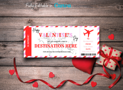 Valentine's Day Gift Boarding Pass Ticket, Surprise Travel Voucher, Gift Ticket Template, Boarding Card - INSTANT DOWNLOAD - Editable PDF