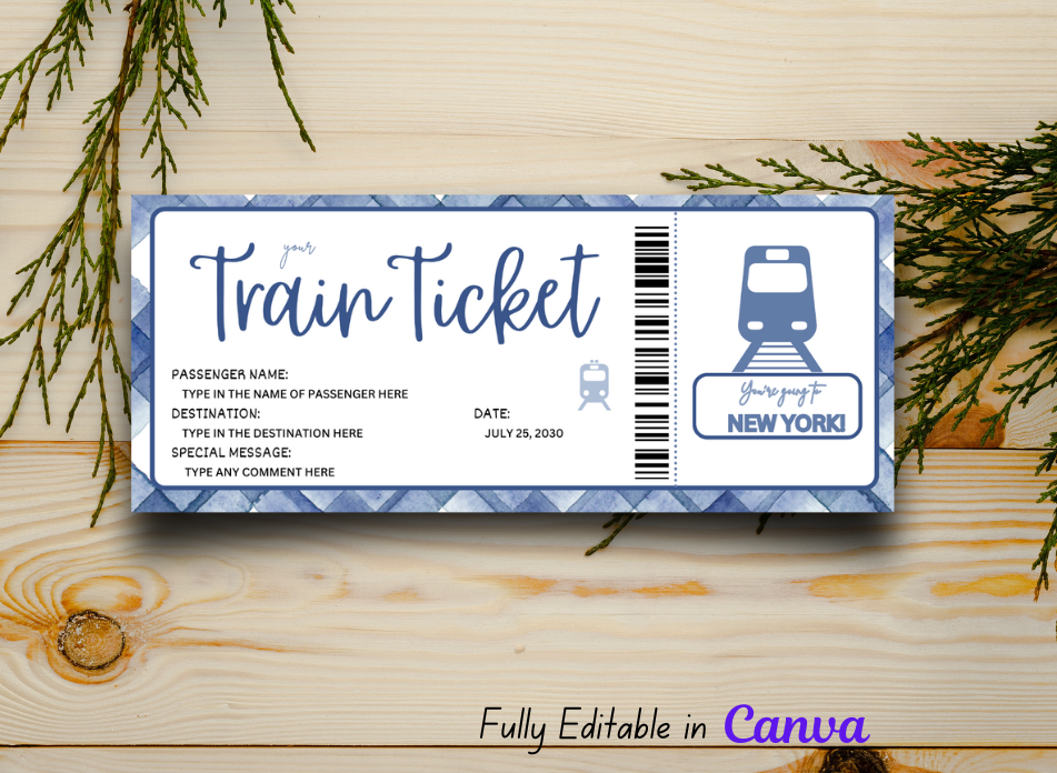 DIY Editable Train Ticket - Surprise Boarding Pass Trip Gift, Aqua Destination Coupon, Instant Download Template