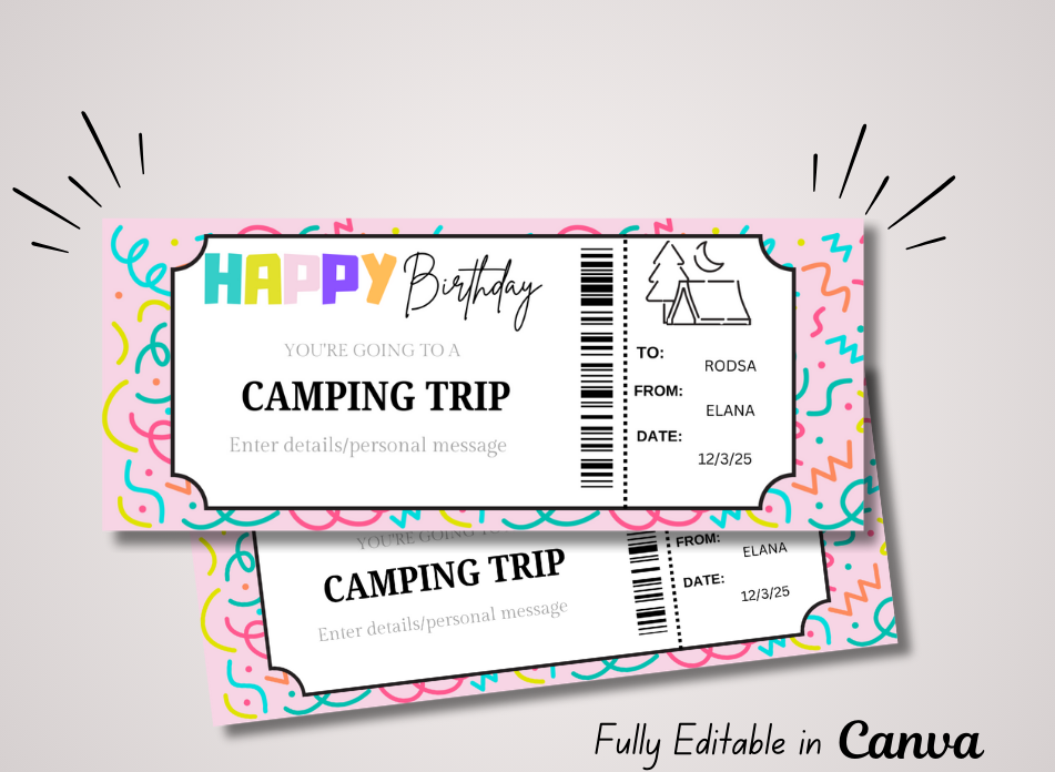 Colorful Printable Birthday Camping Trip Ticket Template | Camping Trip Gift Voucher | Surprise Outdoor Adventure Gift | Camp Trip Printable - Wesecurelife