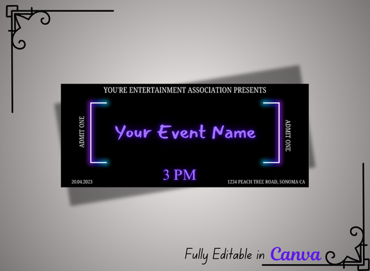 Purple neon light event ticket template, birthday concert ticket surprise, editable event tickets, neon glow party ticket printable present