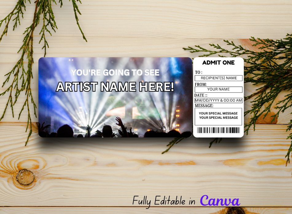 Ticket Canva Template - Printable Music Event Ticket - Custom Concert Ticket Gift  Download Instant