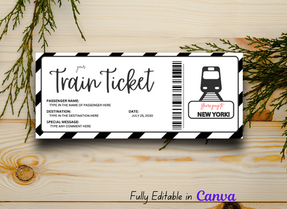 Train Boarding Pass Ticket Template - Editable Printable Gift for Surprise Trip Reveal, Red Destination Coupon, Instant Download