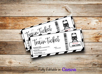 Train Boarding Pass Ticket Template - Editable Printable Gift for Surprise Trip Reveal, Red Destination Coupon, Instant Download