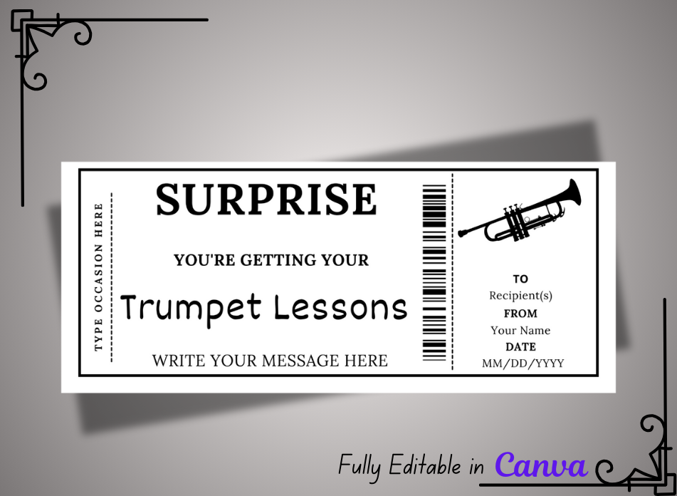 Trumpet Lessons Gift Ticket - Birthday Boarding Pass Train Gift Voucher Card Certificate - Printable Birthday Gift Template, Instant Download