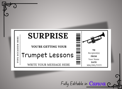 Trumpet Lessons Gift Ticket - Birthday Boarding Pass Train Gift Voucher Card Certificate - Printable Birthday Gift Template, Instant Download