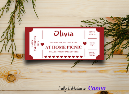 Valentine's Day AT HOME PICNIC Coupon - Editable, Instant Download, Printable Personalized Gift Ticket