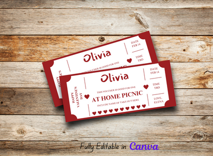 Valentine's Day AT HOME PICNIC Coupon - Editable, Instant Download, Printable Personalized Gift Ticket