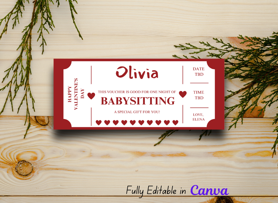 Valentine's Day Babysitting Coupon - Editable, Instant Download, Printable Personalized Gift Ticket