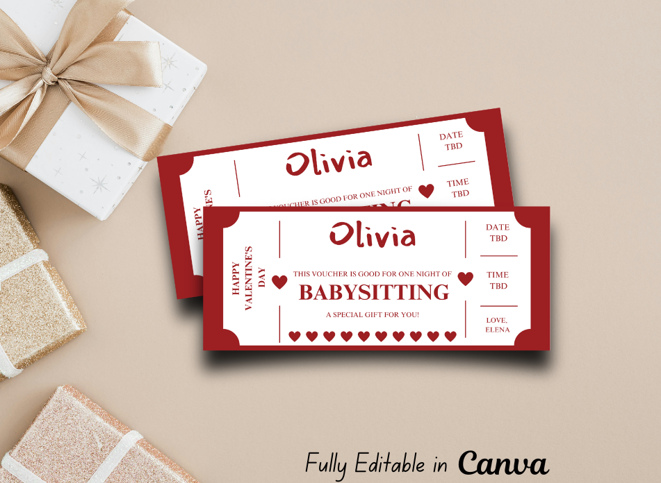 Valentine's Day Babysitting Coupon - Editable, Instant Download, Printable Personalized Gift Ticket