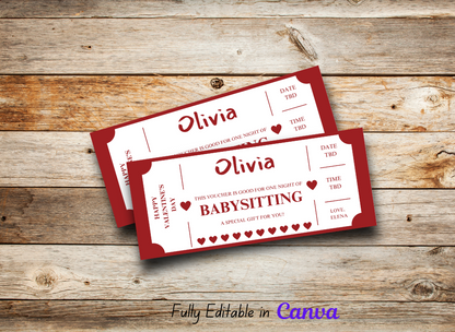 Valentine's Day Babysitting Coupon - Editable, Instant Download, Printable Personalized Gift Ticket