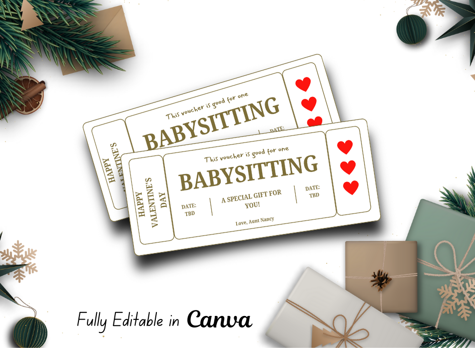 Valentine's Day Babysitting  Gift Certificate - Instant Download, Editable Text, Personalized Love Voucher, Printable Heart Coupon