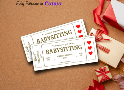 Valentine's Day Babysitting  Gift Certificate - Instant Download, Editable Text, Personalized Love Voucher, Printable Heart Coupon