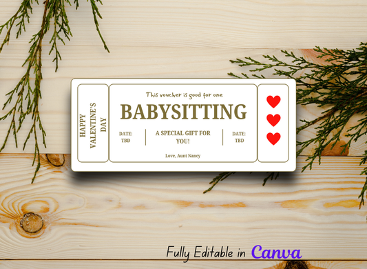 Valentine's Day Babysitting  Gift Certificate - Instant Download, Editable Text, Personalized Love Voucher, Printable Heart Coupon