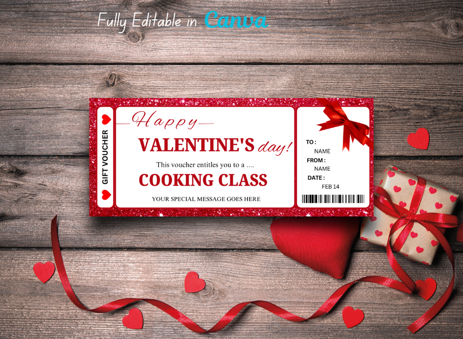 Valentine's Day Cooking Class Coupon - Editable, Instant Download, Printable Personalized Gift Ticket