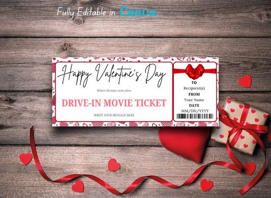 Valentine's Day Drive-In Movie Ticket Coupon – Editable, Instant Download, Printable Personalized Gift Ticket