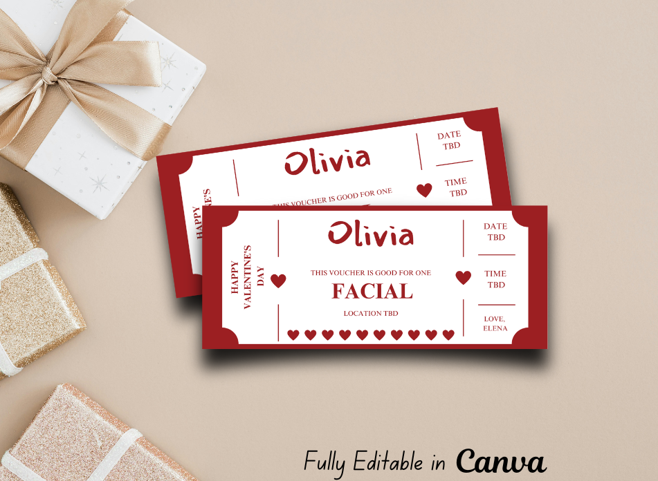 Valentine's Day Facial  Coupon - Editable, Instant Download, Printable Personalized Gift Ticket