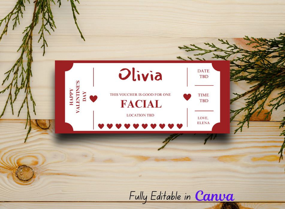 Valentine's Day Facial  Coupon - Editable, Instant Download, Printable Personalized Gift Ticket