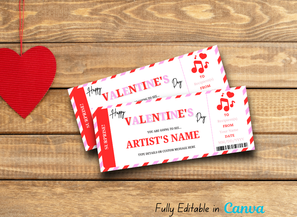 Valentine's Day Gift Concert Ticket Template, Artist Music Show Certificate, Surprise Gift Card Voucher - INSTANT DOWNLOAD - Editable PDF