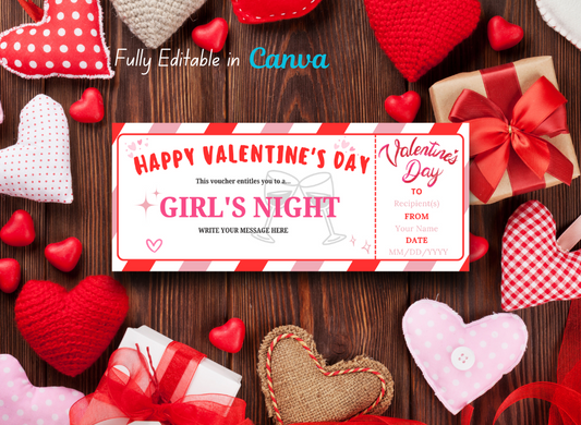 Valentine's Day Girl's Night Ticket Coupon – Editable, Instant Download, Printable Personalized Gift Ticket