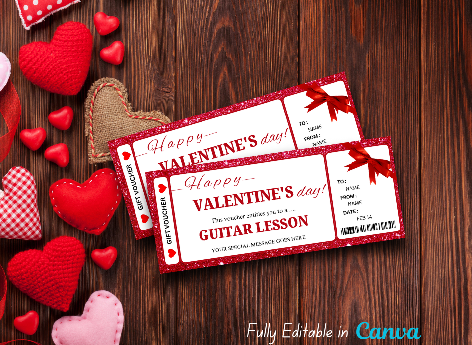 Valentine's Day Guitar Lesson Coupon - Editable, Instant Download, Printable Personalized Gift Ticket