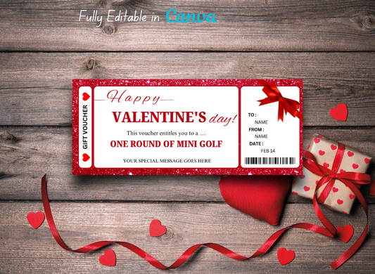 Valentine's Day  One Round Of Mini Golf Coupon – Editable, Instant Download, Printable Personalized Gift Ticket